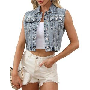 Women Denim Vest Cropped Sleeveless Blue Jean Jacket Pockets Casual Y2K